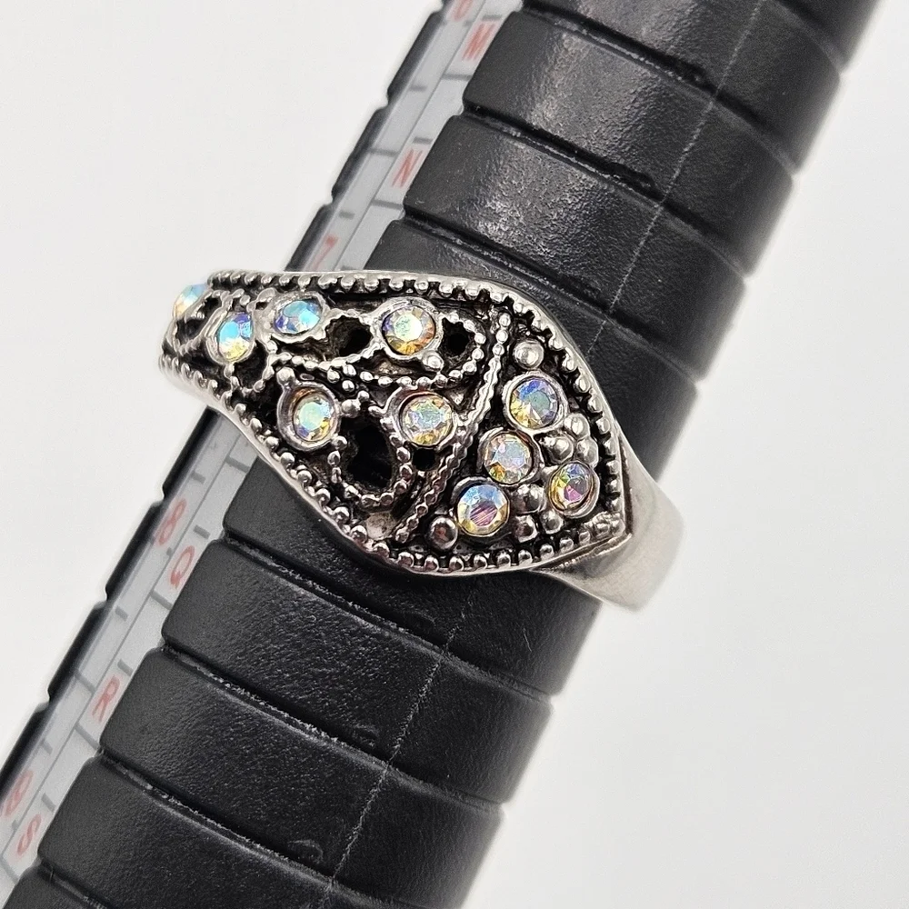 VINTAGE Premier Designs Angelina Victorian Style Aurora Borealis Silver Ring 7.5